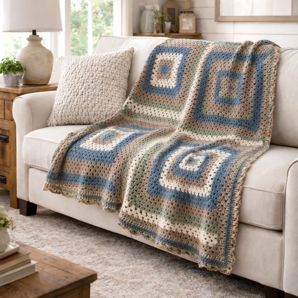Vintage Crochet Granny Square Blanket Throw #0105261